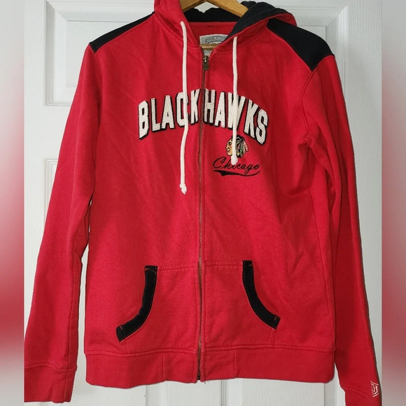 Chicago Blackhawks Old Time Hockey Newbury Coll Red Black Zip Hooded Jacket - Picture 1 of 6